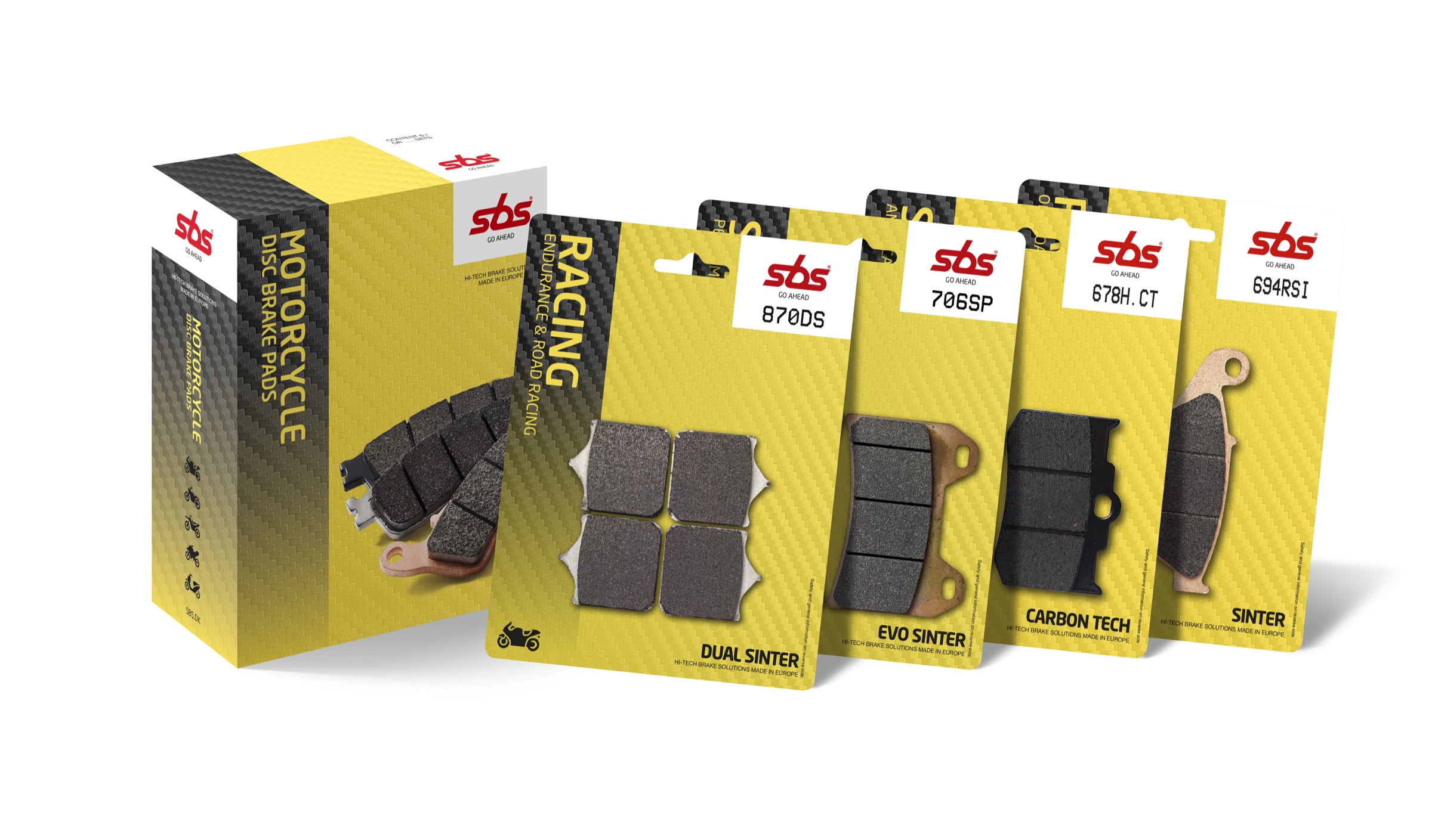מגוון רפידות בלם לאופנוע מבית SBS בתוך קופסה ואריזות