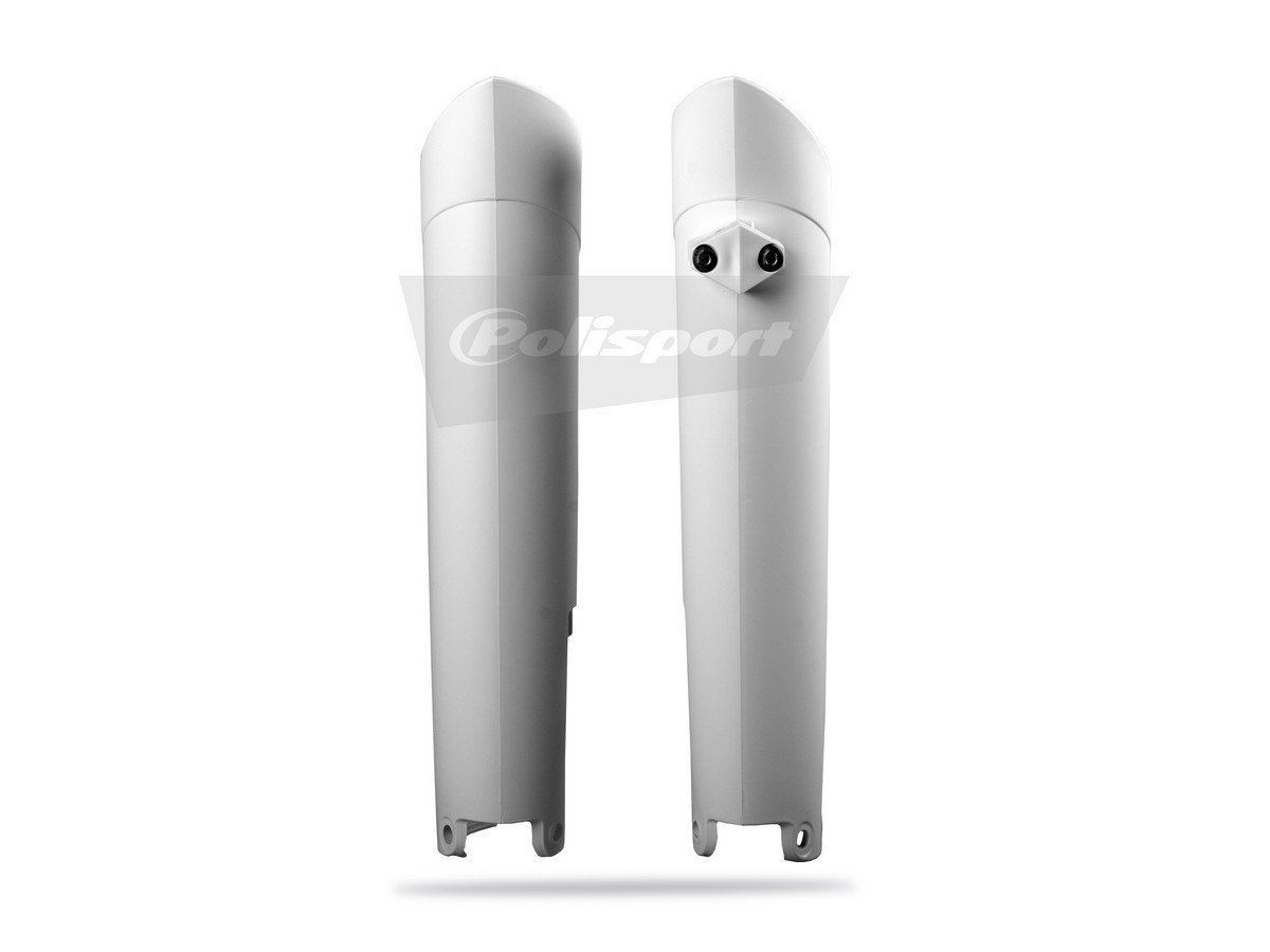 White front fork guards for Honda, GasGas, and KTM motocross bikes.